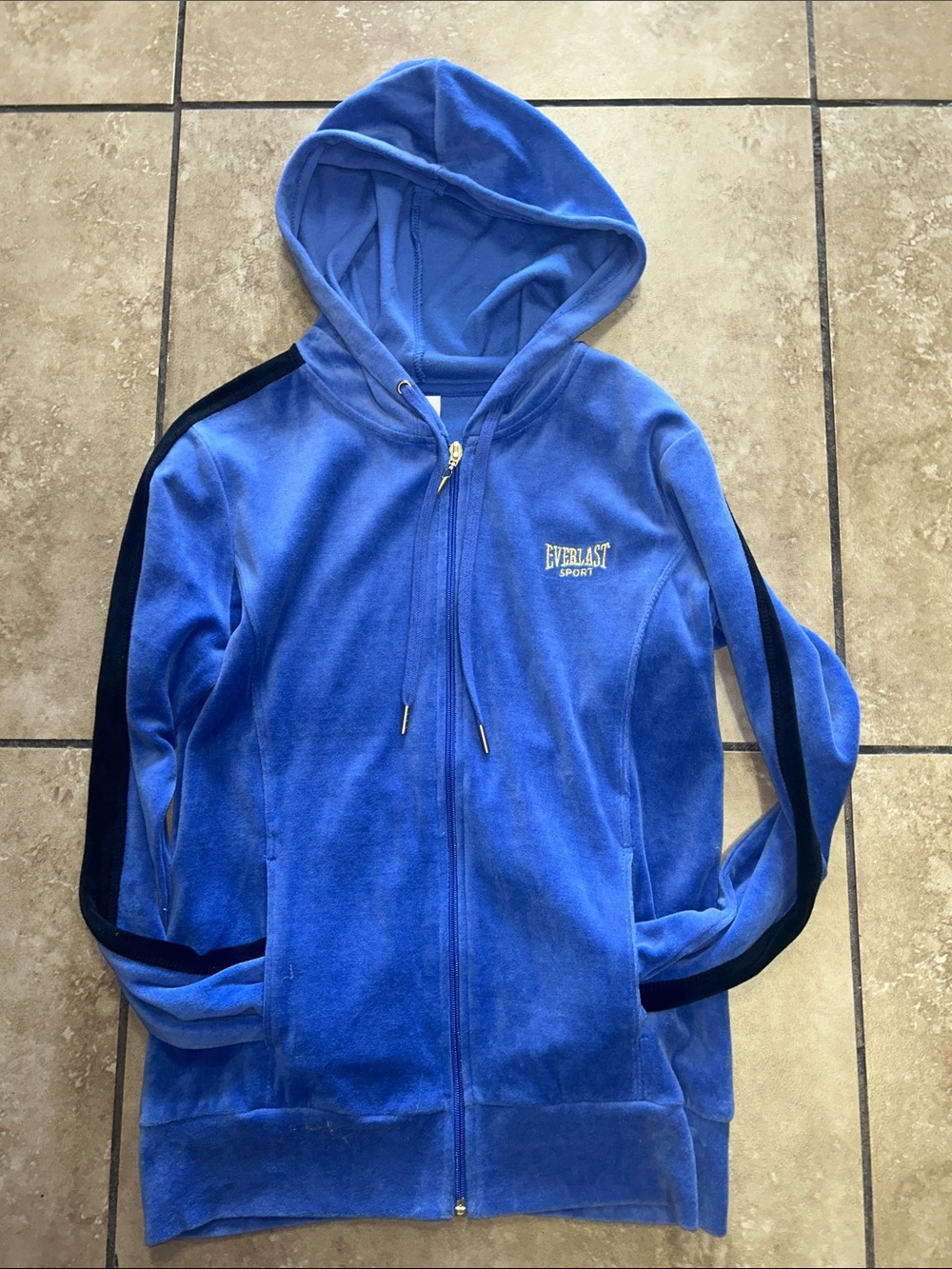 Everlast Blue Velour Zip-Up Hoodie with Black Sleeve Stripes